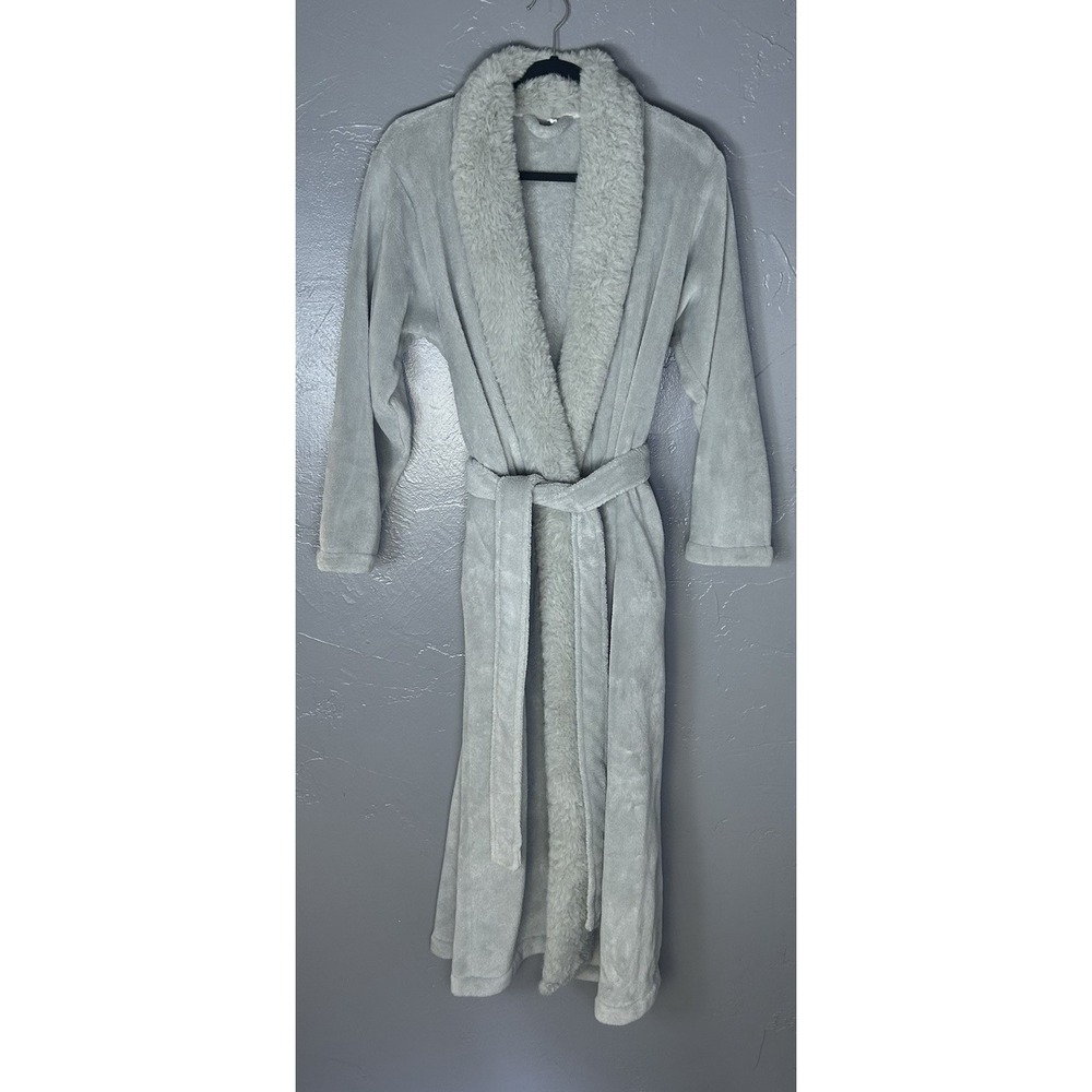 Women's Pottery Barn Faux Fur Trim Gray Fleece Ultra Plush Robe Cozy Warm Soft
